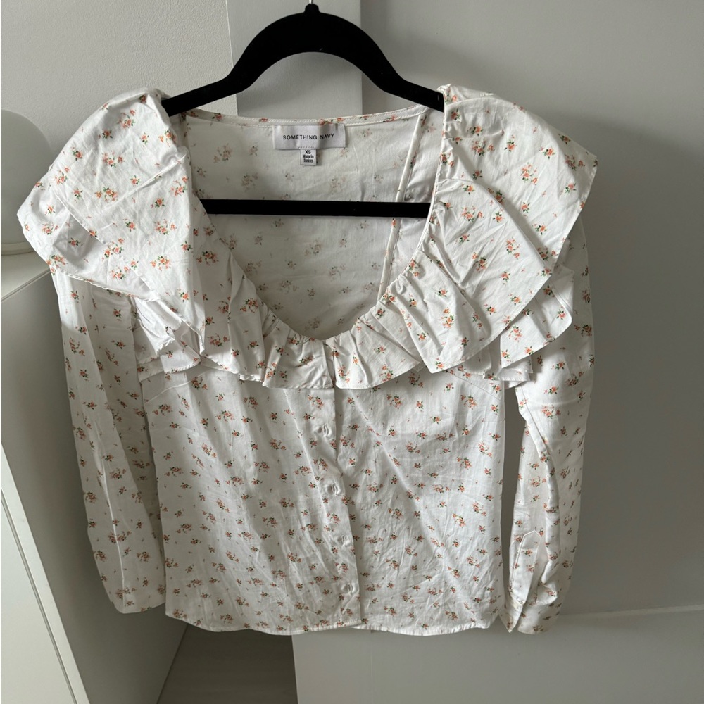 Something Navy Ruffle Button Down